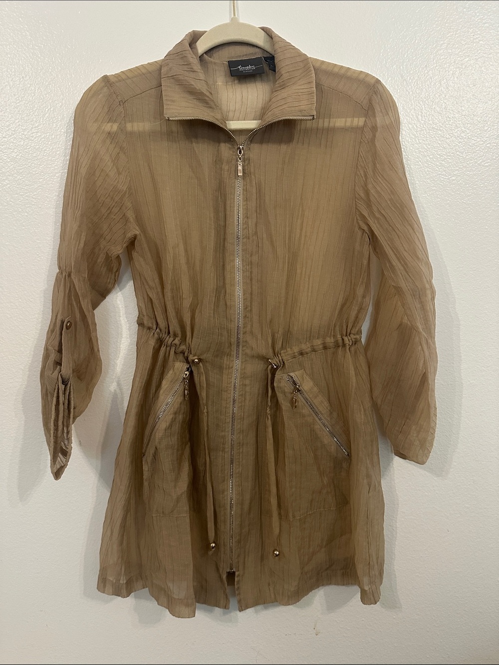Chico's Sheer Light Brown Drawstring Trench Dress